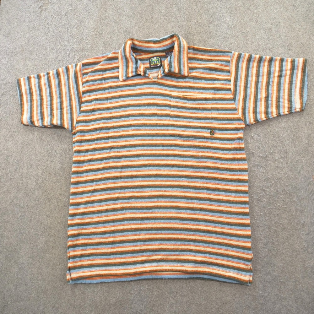 Reactor + Polo Shirt Mens Medium Blue Orange Beach French Terry Cloth New